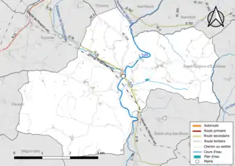 Carte en couleur présentant le réseau hydrographique de la commune