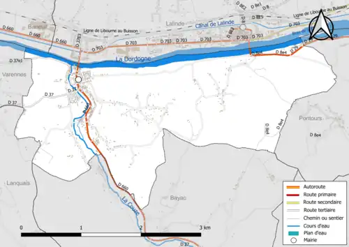 Carte en couleur présentant le réseau hydrographique de la commune