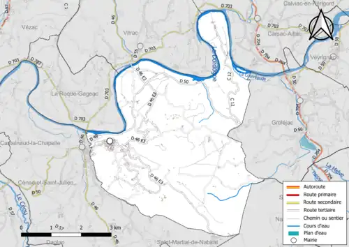 Carte en couleur présentant le réseau hydrographique de la commune