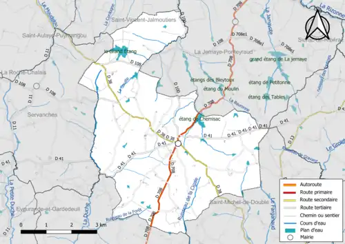 Carte en couleur présentant le réseau hydrographique de la commune