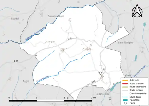 Carte en couleur présentant le réseau hydrographique de la commune