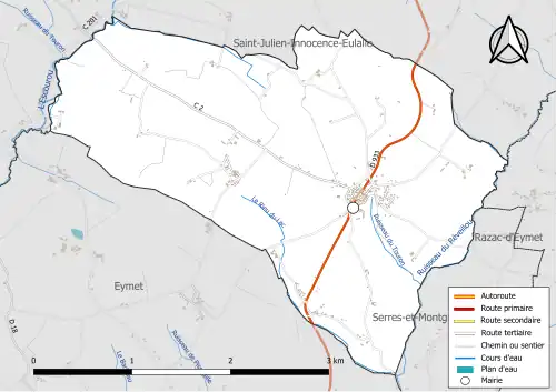 Carte en couleur présentant le réseau hydrographique de la commune