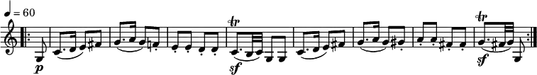 \version "2.18.2"
\relative c' {
\key c \major
\time 2/4
\omit Staff.TimeSignature
\tempo 4 = 60
\set Score.currentBarNumber = #27
\bar ".|:" \partial 8 g8 \p c8. (d16 e8) fis
g8. (a16 g8) f!-.
e-. e-. d-. d-.
c8. \trill \sf (b32 c) g8 g
c8. (d16 e8) fis
g8. (a16 g8) gis-.
a-. a-. fis-. fis-.
g8. \trill \sf (fis32 g) g,8
\bar ":|."
}