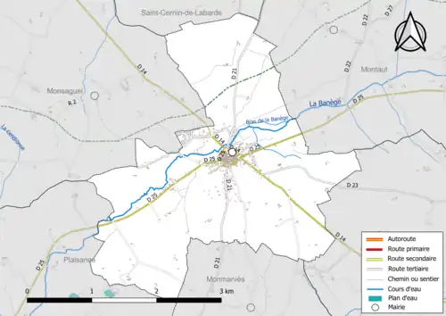Carte en couleur présentant le réseau hydrographique de la commune