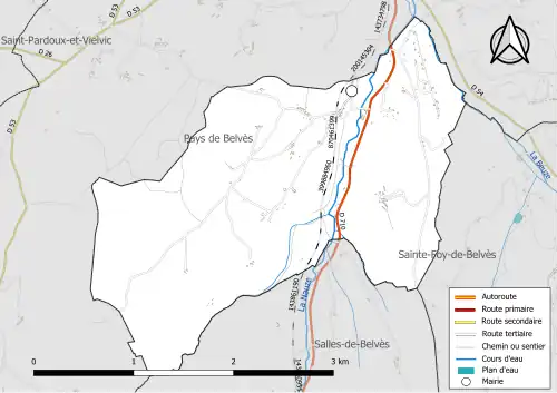 Carte en couleur présentant le réseau hydrographique de la commune