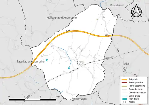 Carte en couleur présentant le réseau hydrographique de la commune