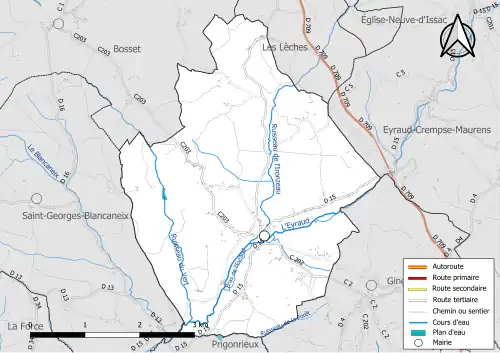 Carte en couleur présentant le réseau hydrographique de la commune