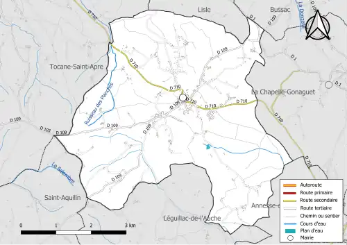 Carte en couleur présentant le réseau hydrographique de la commune