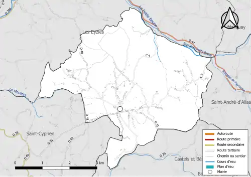 Carte en couleur présentant le réseau hydrographique de la commune