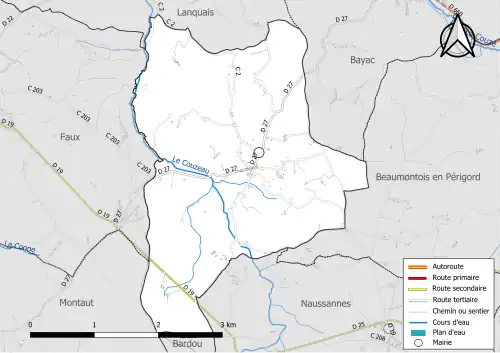 Carte en couleur présentant le réseau hydrographique de la commune