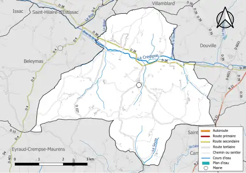 Carte en couleur présentant le réseau hydrographique de la commune