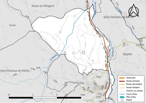 Carte en couleur présentant le réseau hydrographique de la commune