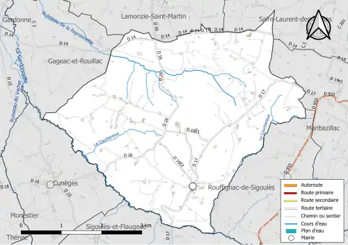 Carte en couleur présentant le réseau hydrographique de la commune