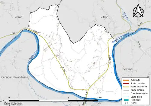 Carte en couleur présentant le réseau hydrographique de la commune