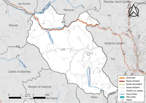 Carte en couleur présentant le réseau hydrographique de la commune