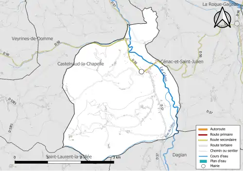 Carte en couleur présentant le réseau hydrographique de la commune