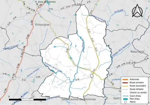 Carte en couleur présentant le réseau hydrographique de la commune
