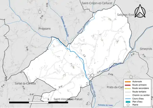Carte en couleur présentant le réseau hydrographique de la commune