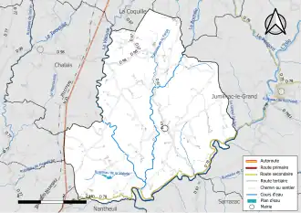 Carte en couleur présentant le réseau hydrographique de la commune