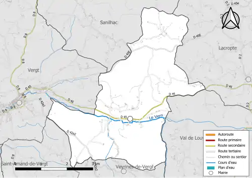 Carte en couleur présentant le réseau hydrographique de la commune