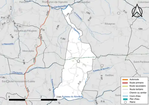 Carte en couleur présentant le réseau hydrographique de la commune