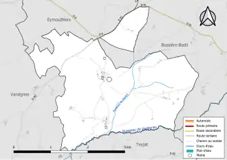 Carte en couleur présentant le réseau hydrographique de la commune