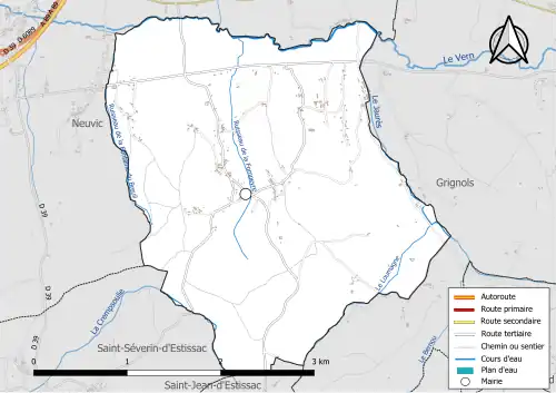 Carte en couleur présentant le réseau hydrographique de la commune