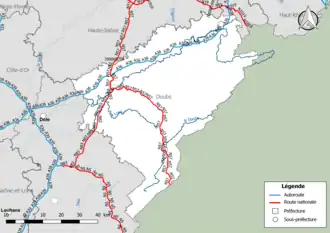Carte du réseau routier national (autoroutes et routes nationales) dans le département du Doubs