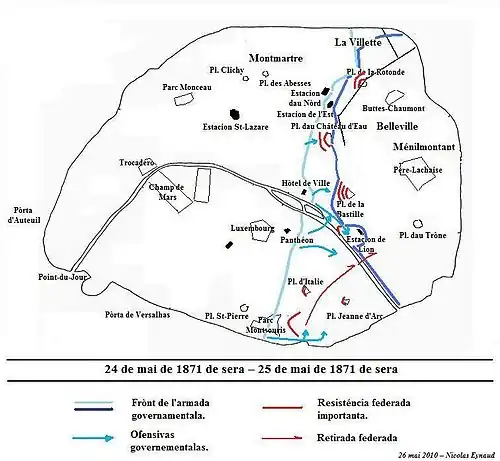 Carte montrant l'avancement des troupes versaillaises dans Paris.