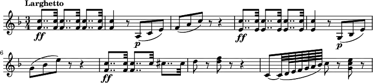 \new Staff \with {
midiInstrument = "violin"
}
\relative c'' {
\version "2.18.2"
\key f \major
\time 3/4
\tempo "Larghetto"
\tempo 8 = 72
<f, c'>8.. \ff <f c'>32 <f c'>8.. <f c'>32 <f c'>8.. <f c'>32
<f c'>4 r8 a,8 \p (c8 e8)
f8 (a8 c8) r8 r4
<e, c'>8.. \ff <e c'>32 <e c'>8.. <e c'>32 <e c'>8.. <e c'>32
<e c'>4 r8 g,8 \p (bes8 e8)
g8 (bes8 e8) r8 r4
<f, c'>8.. \ff <f c'>32 <f c'>8.. c'32 cis8.. cis32
d8 r8 <d f>8 r8 r4
c,8~ c32 (d64 e64 f64 g64 a64 bes64) c8 r8 <g c e>8 r8
}