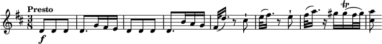 
\relative c' {
  \version "2.18.2"
  \key d \major
  \time 3/8
  \tempo  "Presto"
  \tempo 4 = 100
  d8 \f d d
  d8. g16 fis e
  d8 d d
  d8.  b'16 a g
  fis32 (d'16.) r8 cis8-!
  e32 (fis16.) r8 e8-!
  fis32 (a16.) r16 gis16 gis16\trill (fis32 gis) <cis, a'>8
}
