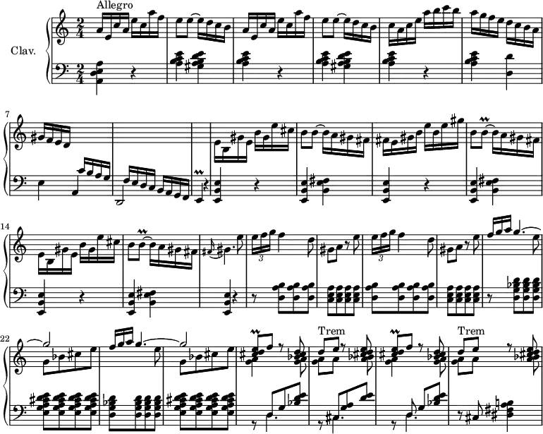 
\version "2.18.2"
\header {
  tagline = ##f
}

%% les petites notes
trillE     = { \tag #'print { e4\prall } \tag #'midi { f32 e f e f e~ e16 } }
trillBq    = { \tag #'print { b8~\prall } \tag #'midi { c32 b c b~ } }
trillEq    = { \tag #'print { < cis d e >8\prall } \tag #'midi { << { f32 e f e~ } \\ { < cis d >8 } >> } }

upper = \relative c'' {
  \clef treble 
  \key a \minor
  \time 2/4
  \tempo 4 = 110
  \set Staff.midiInstrument = #"harpsichord"

      s8*0^\markup{Allegro} \repeat unfold 2 { a16 e c' a  e' c a' f | e8 e~  e16 d c b } | c16 a c e  a b c b |
      % ms. 6
      a16 g f e  d c b a | gis f e d \stemUp \change Staff = "lower" c b a g | f e d c b a g f | s2 | \stemDown \change Staff = "upper" e''16 b gis' e b' gis e' cis | 
      % ms. 11
      b8 b~ b16 a gis fis | fis e gis b  e b e gis | b,8 \trillBq b16 a gis fis | e16 b gis' e b' gis e' cis | b8 \trillBq b16 a gis fis
      % ms. 16
      \appoggiatura fis16 gis4. e'8 | \repeat unfold 2 { \times 2/3 { e16 f g } f4 d8 | gis,8 a r8 e'8 } | \repeat unfold 2 { << { \omit TupletNumber \times 2/3 { f16 g a } g4.~ g2 } \\ { s4. e8 | g,8[ bes cis e] } >> } | 
      % ms. 25
      \repeat unfold 2 { << { \trillEq f r8 < bes, cis d > | d^\markup{Trem} e r8 < cis d e > } \\ { < g a >4 s8 q8 | q a s8 < a bes >8 } >> }

}

lower = \relative c {
  \clef bass
  \key a \minor
  \time 2/4
  \set Staff.midiInstrument = #"harpsichord"

    % **************************************
      < a d e a >4 r4 | \repeat unfold 2 { < a' b c e >4 < gis a b d e > < a b c e > r4 } |
      % ms. 6
      q < d, d' >4 | e a, | d,2 | \trillE  \tempo 4 = 70 r4 |   \tempo 4 = 110 < e b' e >4 r4 | 
      % ms. 11
      \repeat unfold 3 { q < b' e fis >4 < e, b' e > r4 } | 
      % ms. 17
      r8 < d' a' b >8[ q q] | < c e a >8[ q q q] | < d a' b >[ q q q] | < c e a >[ q q q] | r8 < d g bes d >8[ q q] | 
      % ms. 22
      < e g a cis d e >8[ q q q] | < d g bes d >[ q q q] | < e g a cis d e >[ q q q] | << { \mergeDifferentlyDottedOn s8 d8[ g < bes d e >] | s8 cis,8[ < g' a > < d' e >] | s8 d,8 g < bes d e > } \\ { r8 d,4. | r8 cis4. | r8 d4. } >>
      % ms. 28
      r8 cis8 < dis fis a b! >4 | 

}

thePianoStaff = \new PianoStaff <<
    \set PianoStaff.instrumentName = #"Clav."
    \new Staff = "upper" \upper
    \new Staff = "lower" \lower
  >>

\score {
  \keepWithTag #'print \thePianoStaff
  \layout {
      #(layout-set-staff-size 17)
    \context {
      \Score
     \override SpacingSpanner.common-shortest-duration = #(ly:make-moment 1/2)
      \remove "Metronome_mark_engraver"
    }
  }
}

\score {
  \keepWithTag #'midi \thePianoStaff
  \midi { }
}
