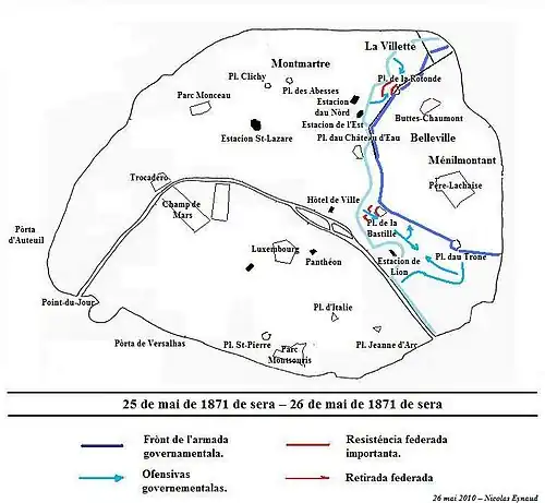 Carte montrant l'avancement des troupes versaillaises dans Paris.