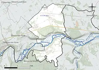 Carte en couleur présentant le réseau hydrographique de la commune