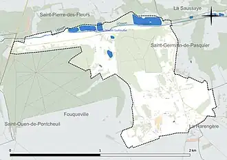 Carte en couleur présentant le réseau hydrographique de la commune