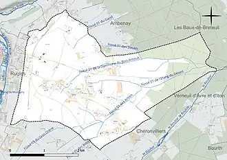 Carte en couleur présentant le réseau hydrographique de la commune