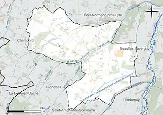 Carte en couleur présentant le réseau hydrographique de la commune
