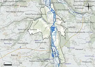 Carte en couleur présentant le réseau hydrographique de la commune