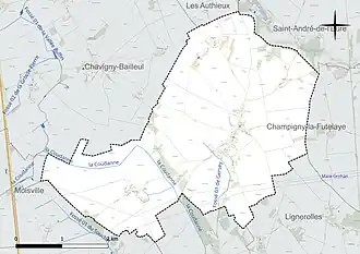 Carte en couleur présentant le réseau hydrographique de la commune