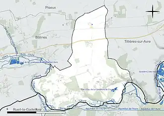 Carte en couleur présentant le réseau hydrographique de la commune