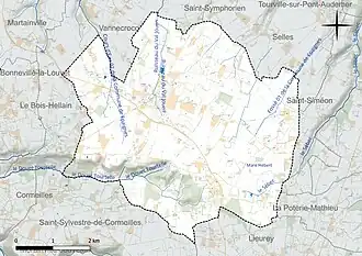 Carte en couleur présentant le réseau hydrographique de la commune