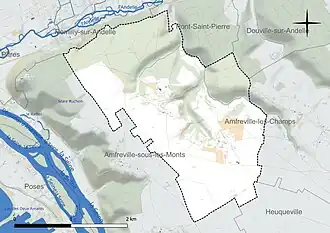 Carte en couleur présentant le réseau hydrographique de la commune