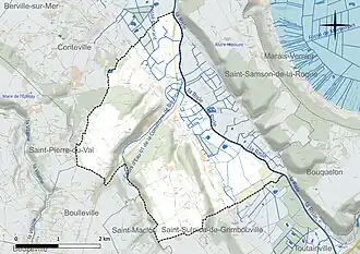 Carte en couleur présentant le réseau hydrographique de la commune