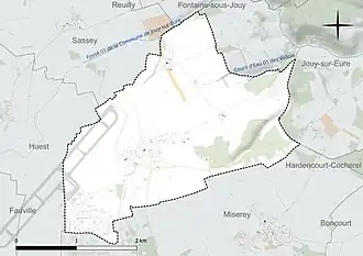 Carte en couleur présentant le réseau hydrographique de la commune