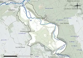 Carte en couleur présentant le réseau hydrographique de la commune