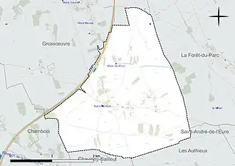 Carte en couleur présentant le réseau hydrographique de la commune