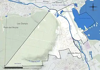 Carte en couleur présentant le réseau hydrographique de la commune