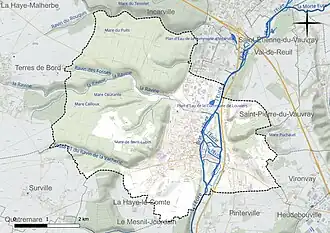 Carte en couleur présentant le réseau hydrographique de la commune