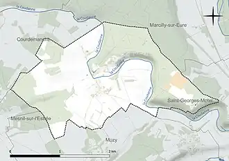 Carte en couleur présentant le réseau hydrographique de la commune