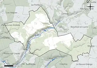 Carte en couleur présentant le réseau hydrographique de la commune